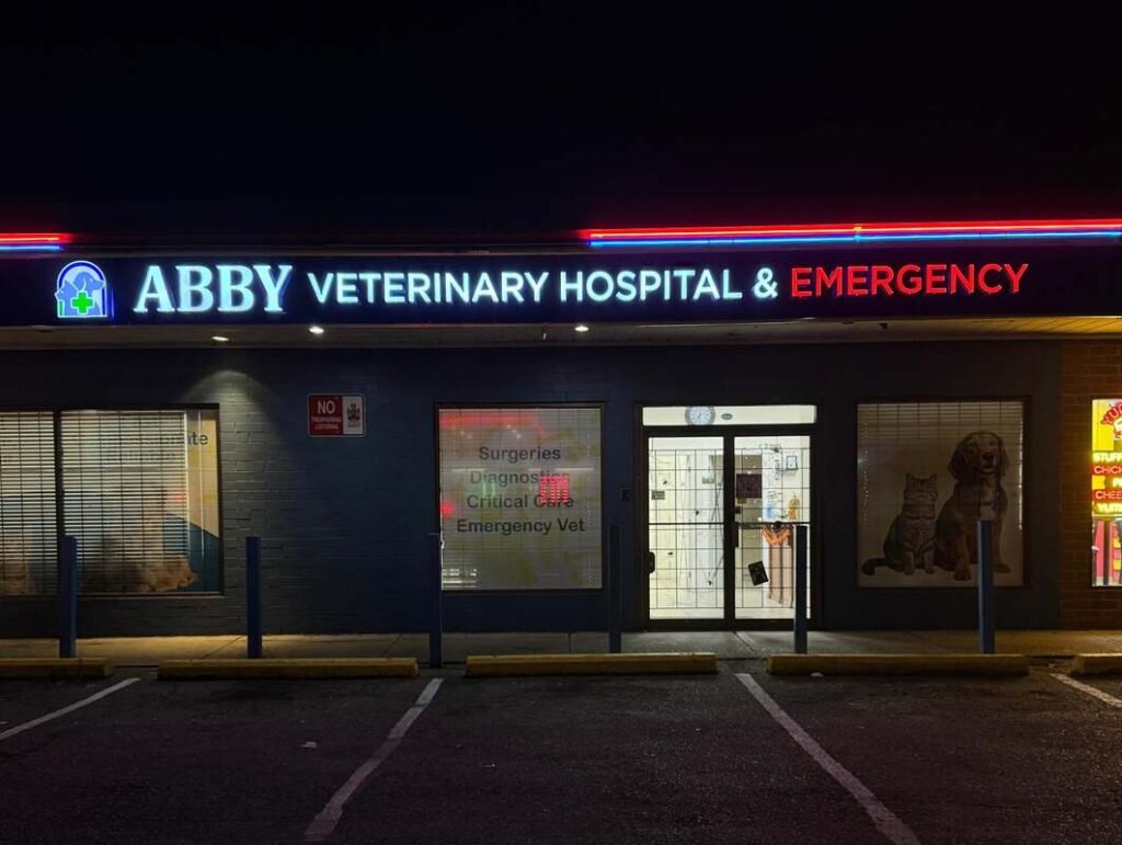 Abby Veterinary Hospital and Emergency storefront at night